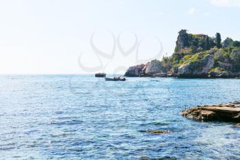 view of Ionian Sea near Isola Bella beach in Sicily, Italy