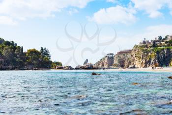 Cape of Taormina and Isola Bella beach in Sicily, Italy in spring