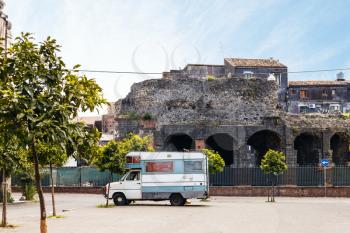 view of Roman Odeon from Via Teatro Greco in Catania city, Sicily, Italy