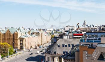 cityscape - above view of Lubyanskaya Square in historical center of Moscow city in sunny spring day