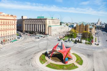 MOSCOW, RUSSIA - MAY 7, 2015: above view of red star urban decoration in honor of the 70 anniversary of the victory in World War II on Lubyanskaya Square in Moscow city in May