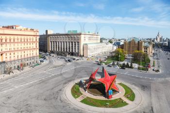 MOSCOW, RUSSIA - MAY 7, 2015: above view of red star urban decoration in honor of the 70 anniversary of the victory in World War II on Lubyanka Square in Moscow city in May