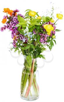 nosegay of summer fresh natural flowers in glass vase on white background