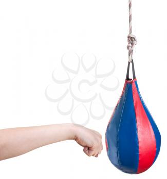 hand gesture - kid punches punching bag isolated on white background