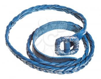 coiled blue braided leather belt isolated on white background