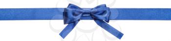 narrow blue satin ribbon with real bow with square cut ends isolated on white background