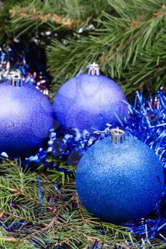 Christmas still life - three blue and violet Christmas balls close up, tinsel on Xmas tree background