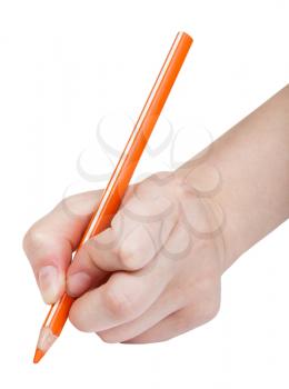 hand writes by orange pencil isolated on white background