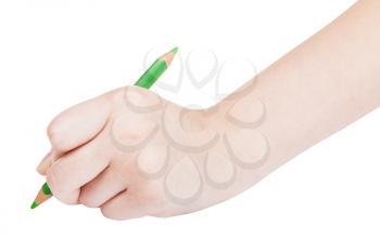 hand writes by green pencil isolated on white background