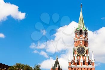 Moscow cityscape - Spasskaya clock Tower of Moscow Kremlin in sunny summer day