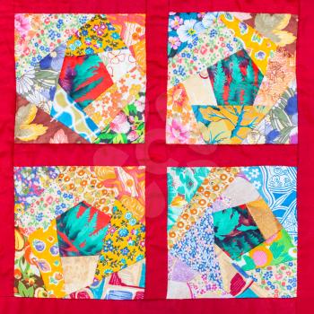 four details of hand made patchwork quilt in red fabric framing