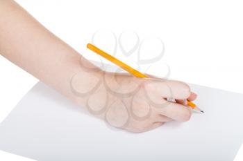 hand draws by wooden lead pencil on sheet of paper isolated on white background