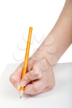 hand writes by simple lead pencil on sheet of paper isolated on white background