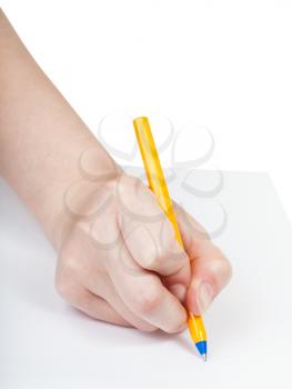 hand writes by blue pen on sheet of paper isolated on white background