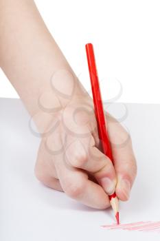 hand draws by simple red pencil on sheet of paper isolated on white background