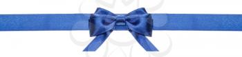 narrow blue satin ribbon with symmetric bow with horizontal cut ends isolated on white background