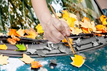 nature concept - hand with paintbrush paints yellow autumn leaves on green car