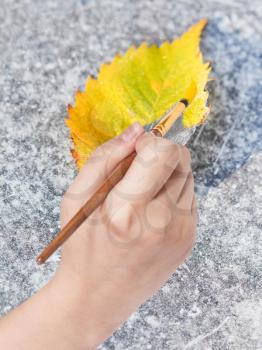 nature concept - hand with paintbrush paints fallen leaf in yellow colour on frozen pavement in autumn