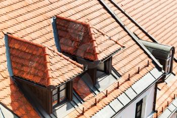travel to Bratislava city - orange tile on roof of apartment house in Bratislava