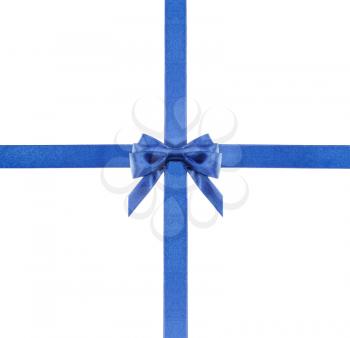 one blue satin bow in center and two intersecting ribbons isolated on square white background