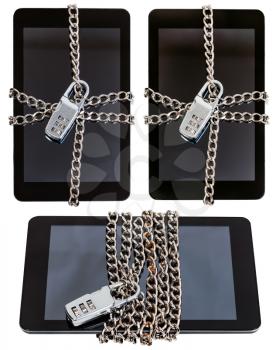 set of tablet pc wrapped by chain and closed by combination lock