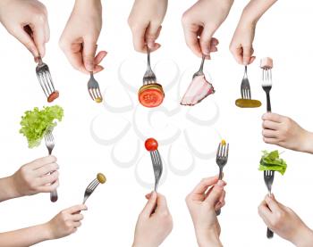 set of forks in hands with different snacks isolated on white background