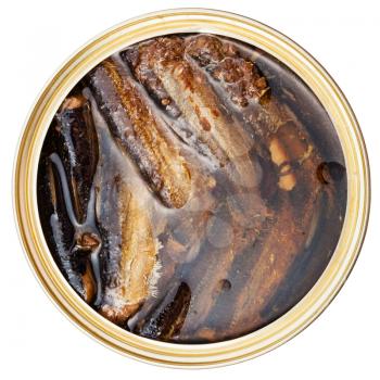 above view of canned fish isolated on white background - smoked sprats in oil
