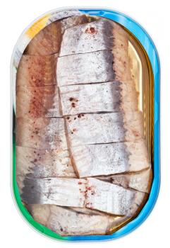 top view of tinned fish isolated on white background - pickled herring in brine