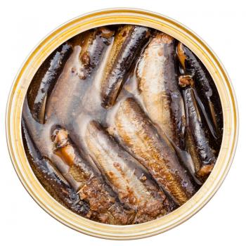 above view of canned smoked sprats fish in oil in tin isolated on white background