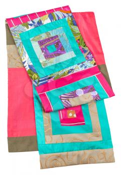handmade patchwork silk scarf with square ornament isolated on white background