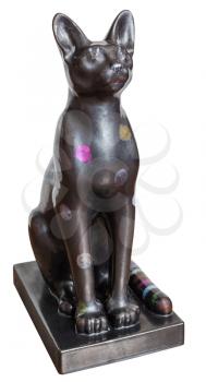modern hand made ceramic replica of cat statue from Ancient Egypt isolated on white background