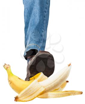 male left leg in jeans and brown shoe stepping on banana isolated on white background