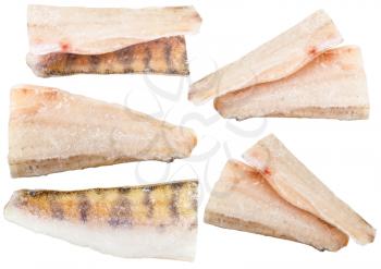 set of frozen zander (pike-perch) fish fillets isolated on white background