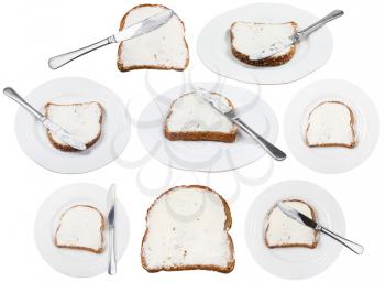 set of grain bread and Cheese spread sandwiches isolated on white background