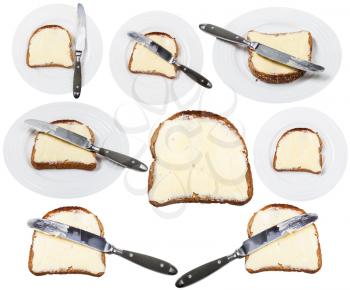 set of grain bread and butter sandwiches isolated on white background