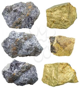 macro shooting of collection natural rock - Chalcopyrite mineral stones and Chalcopyrite crystals on galena rocks isolated on white background