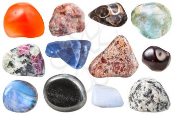 macro shooting of collection natural stones - various tumbled ornamental gem stones isolated on white background