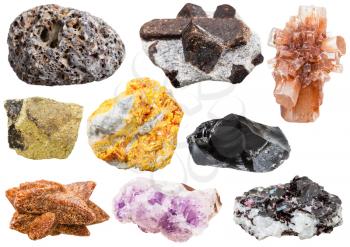 collection of various mineral crystals and stones - pumice, staurolite, Aragonite, Chalcopyrite, Orpiment, Obsidian, glendonite, amethyst, gneiss with kyanite, biotite,tourmaline gem stones isolated