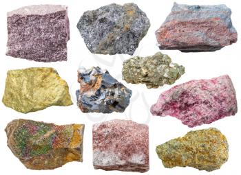 set of various glossy mineral rocks and stones - alunite, galena, ferruginous quartzite, Chalcopyrite, pyrite, eudialyte, aventurine, gem stones isolated on white background