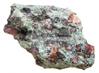 macro shooting of natural mineral stone - Eclogite piece with garnet (red) and omphacite (greyish-green) groundmass crystalline rock isolated on white background