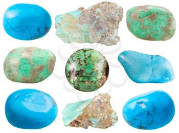 set of turquoise gemstones and natural imitations turkvenit, blue howlite, variscite mineral gem stones isolated on white background