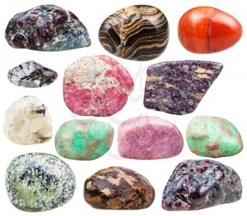 set of natural mineral tumbled gemstones - baryte, barite, garnet, almandine, alunite, serpentine, serpentinite, rhodonite, red jasper, variscite, thulite, quartz, bronzite stones isolated on white