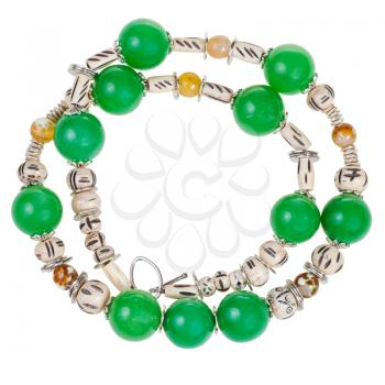 two circles of green necklace from natural gemstones (green aventurine, carved bone, yellow agate beads) isolated on white background