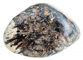 macro shooting of natural gemstone - black crystals of aegirine in Sanidine and Nepheline (nephelite) mineral gemstone isolated on white background