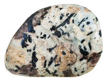 macro shooting of natural gemstone - polished Sanidine gem stone with black crystals of aegirine and brown Nepheline (nephelite) mineral isolated on white background