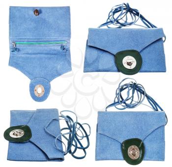set from blue clutch bag from stingray leather isolated on white background
