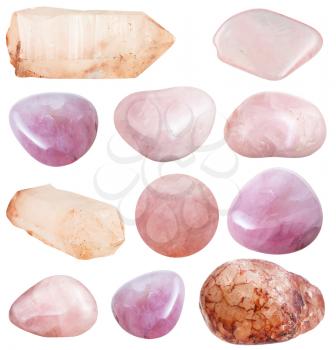 set of rose quartz polished gemstones and crystals isolated on white background