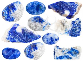 set of blue lapis lazuli (azure stone, lazurite) mineral gemstones isolated on white background