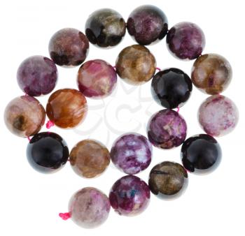 necklace from natural mineral gemstones - tourmaline balls isolated on white background