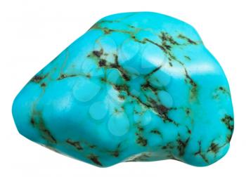 macro shooting of natural mineral stone - tumbled blue Howlite (turquenite, Turquonite, turquoise imitation) gemstone isolated on white background